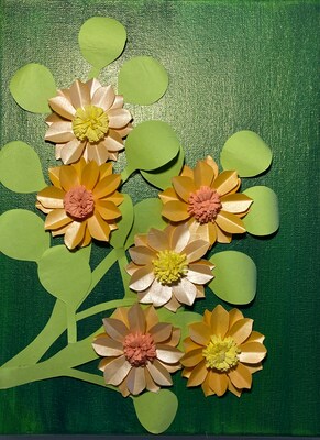 Hand Cut Orange Paper Flowers on 9x12 Inch Canvas Painted with Green Acrylic Original 3D Art Wall Hanging - image5